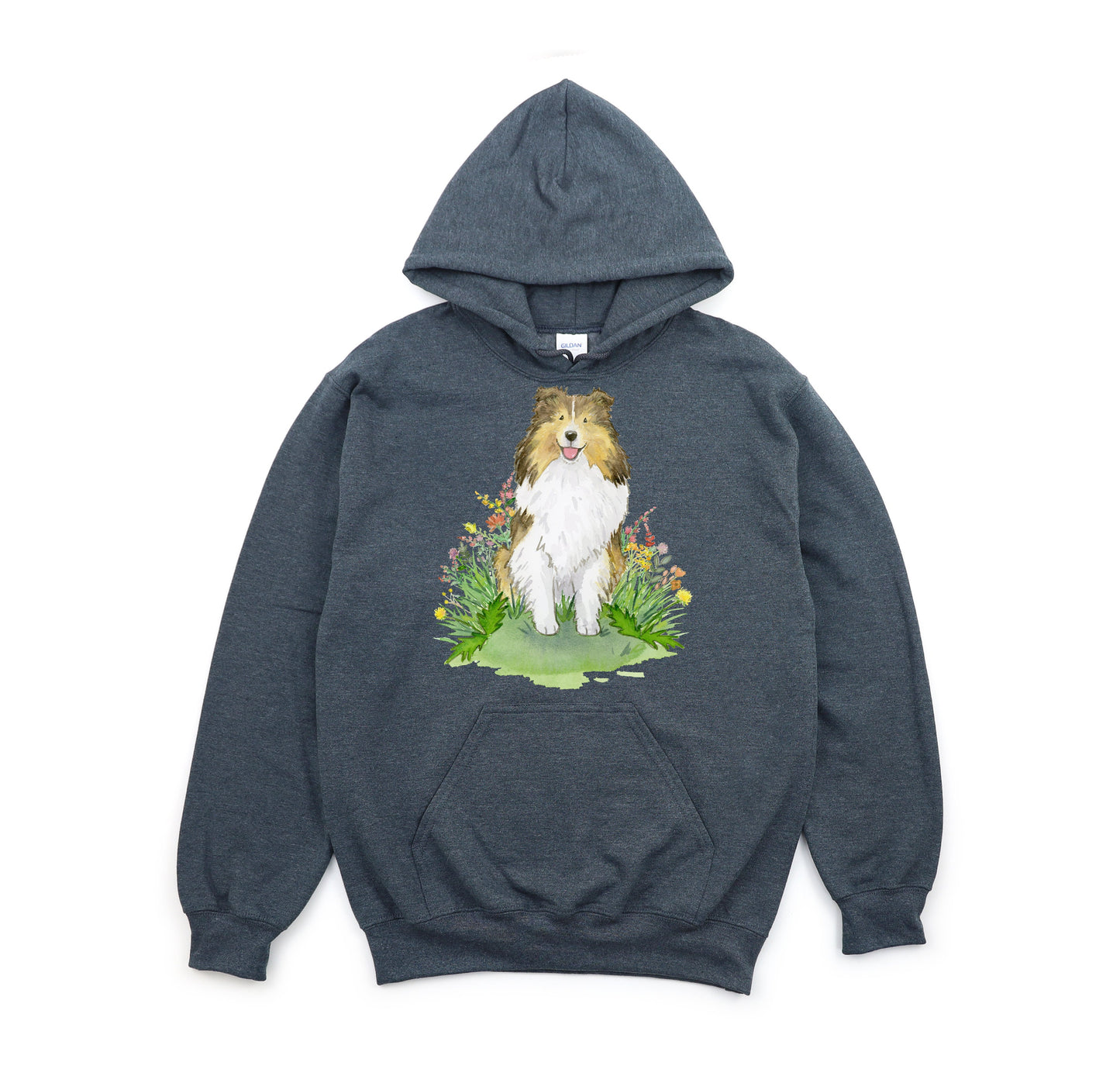 Dark grey hooded sweatshirt with sable shetland sheepdog and flowers on it.