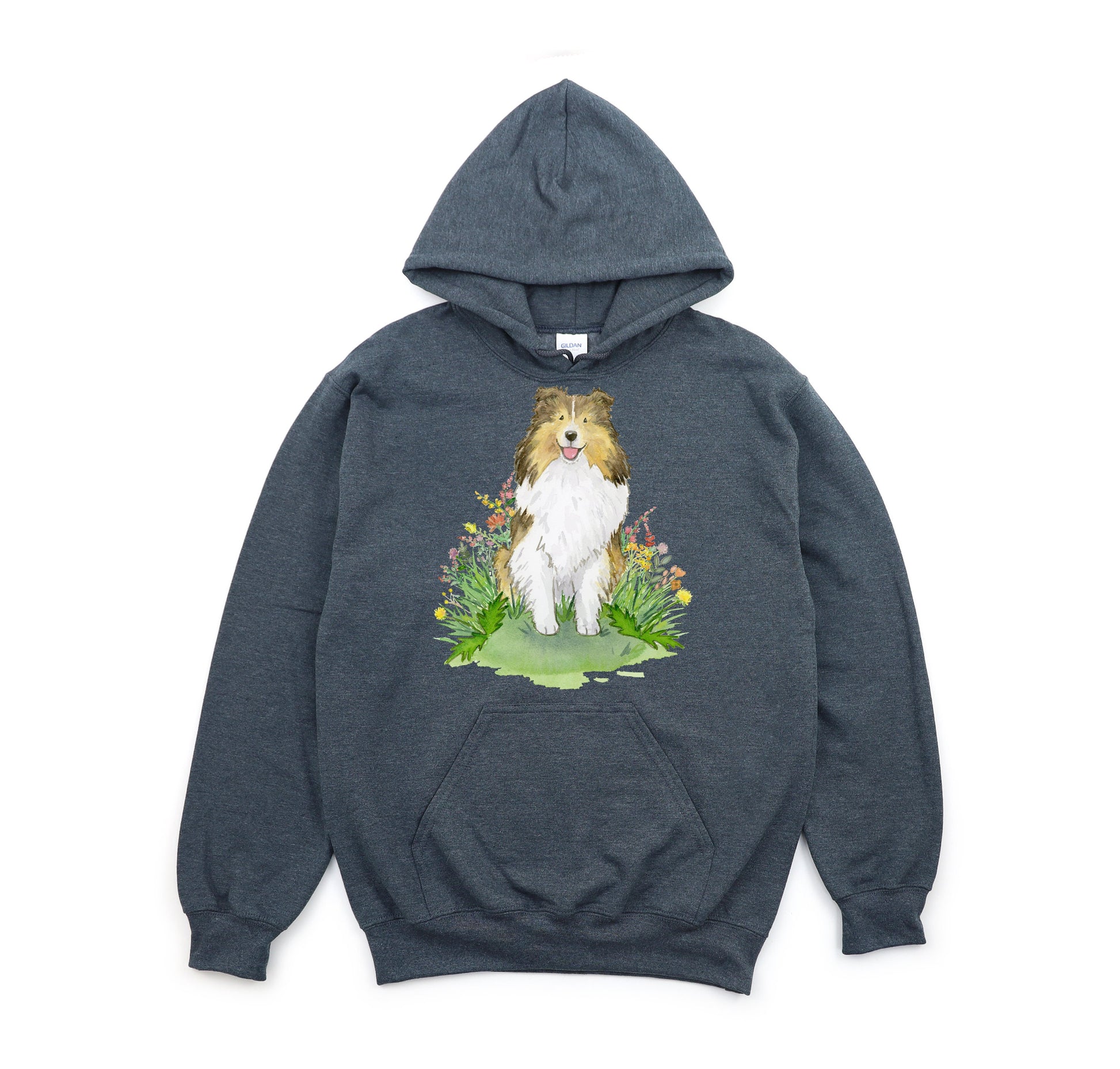 Dark grey hooded sweatshirt with sable shetland sheepdog and flowers on it.