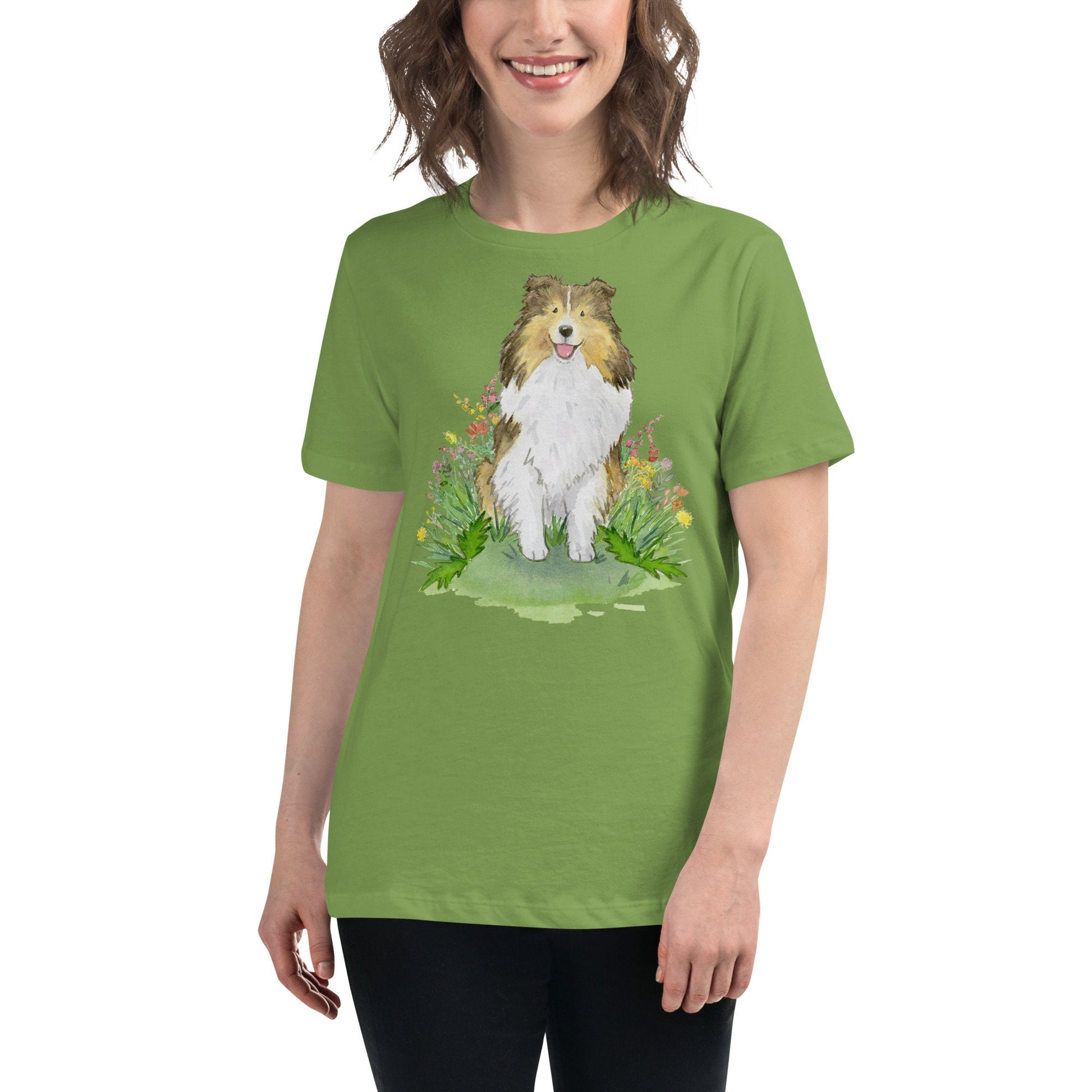 Cute t-shirt with sable shetland sheepdog artwork on it.