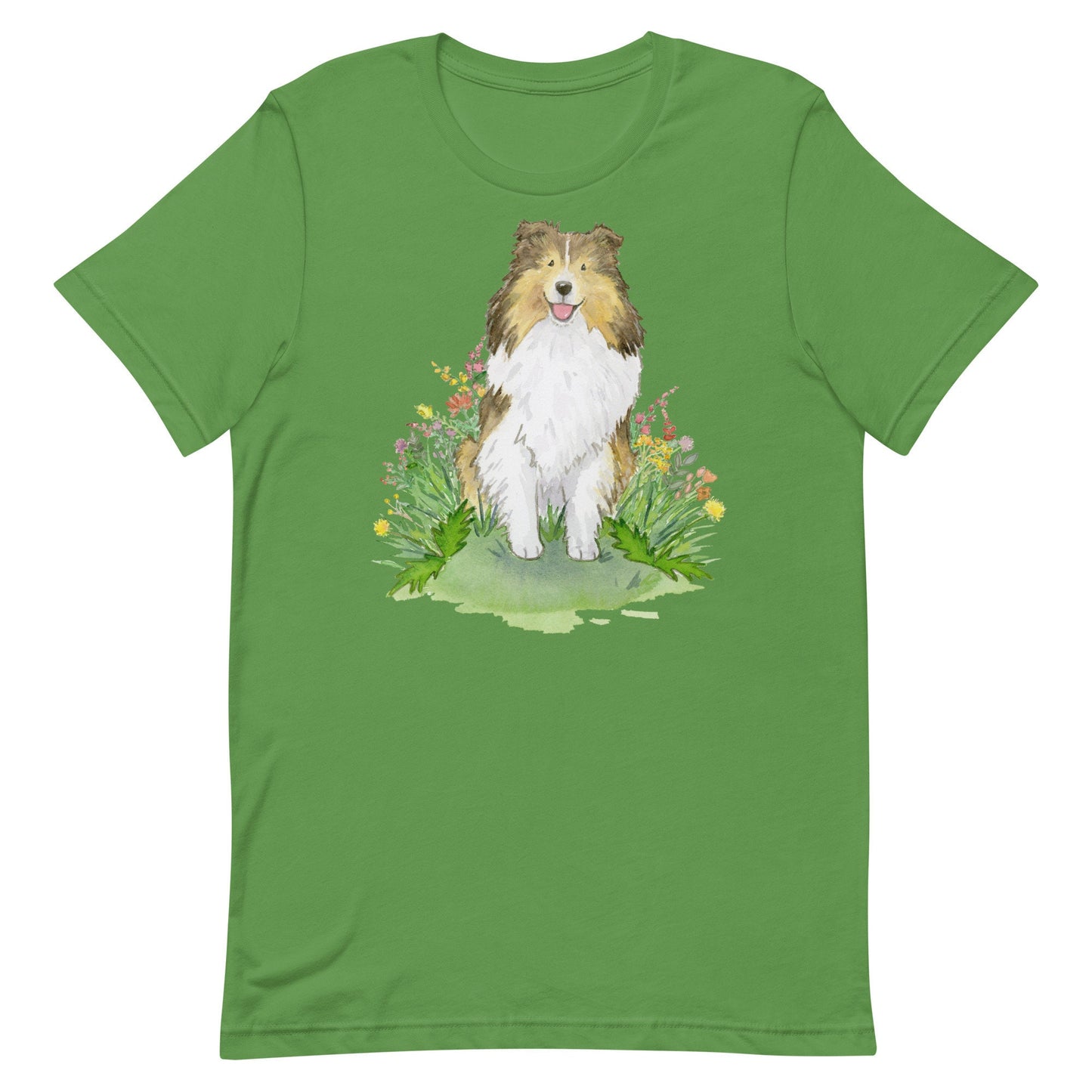 Cute t-shirt with sable shetland sheepdog artwork on it.