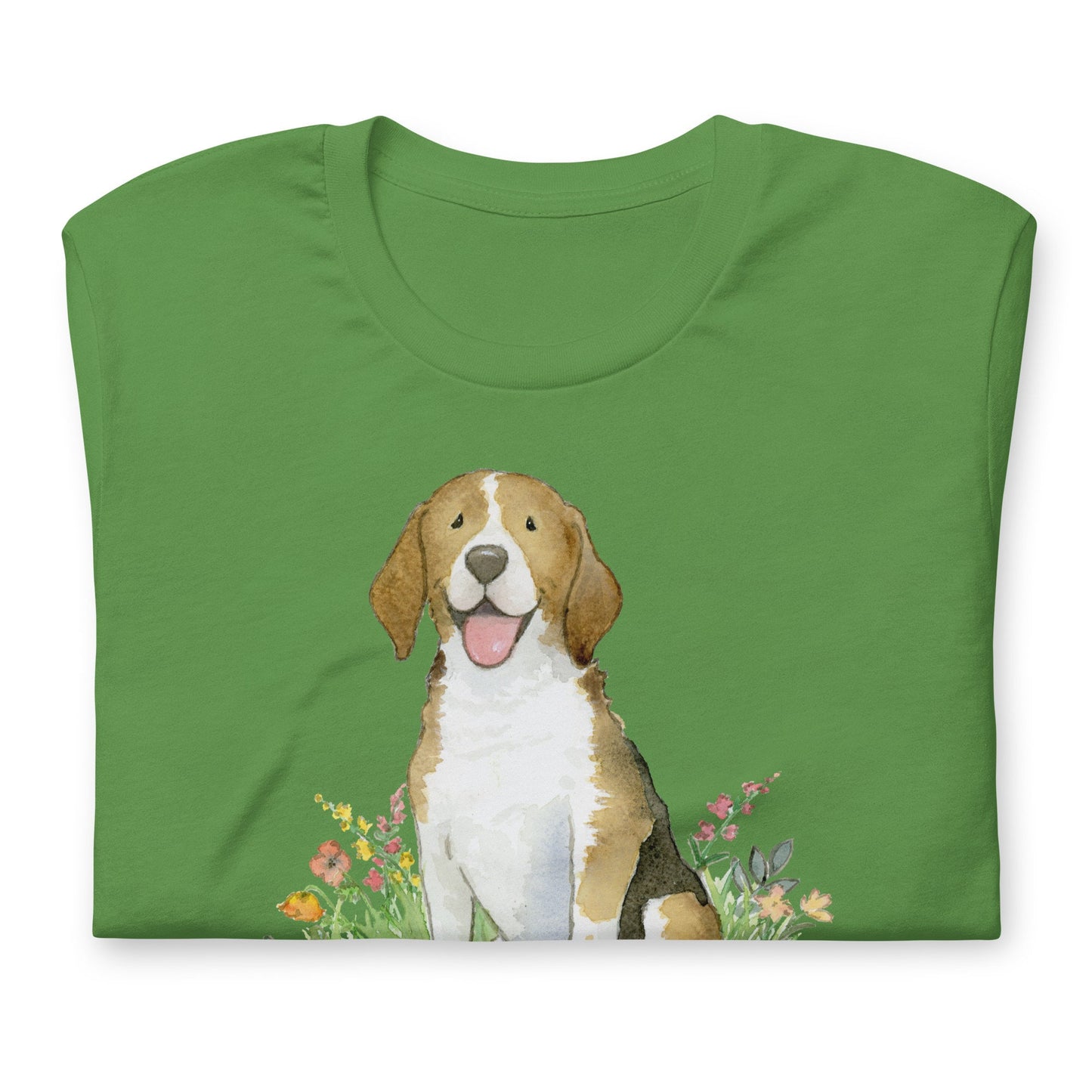 Folded leaf green colored t-shirt with cute beagle artwork on it.