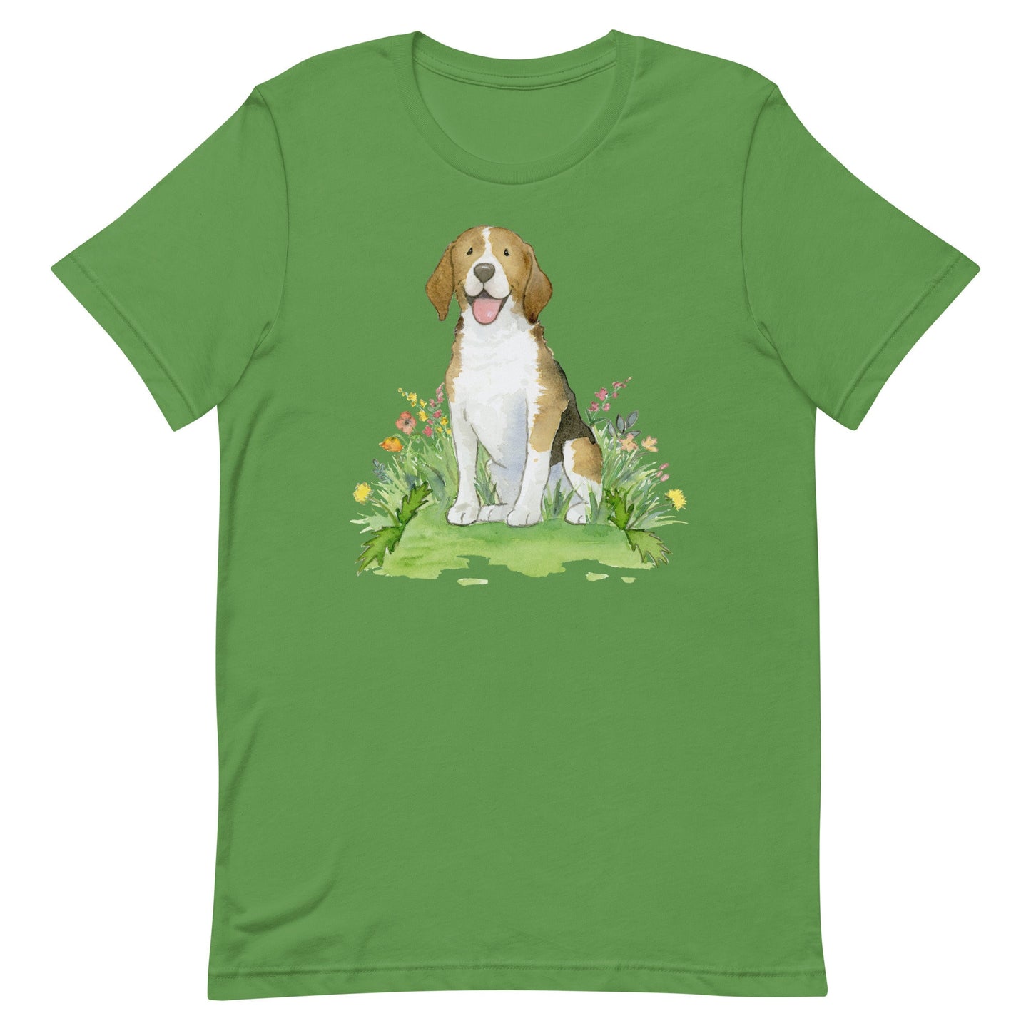 Leaf green colored t-shirt with cute beagle artwork on it.