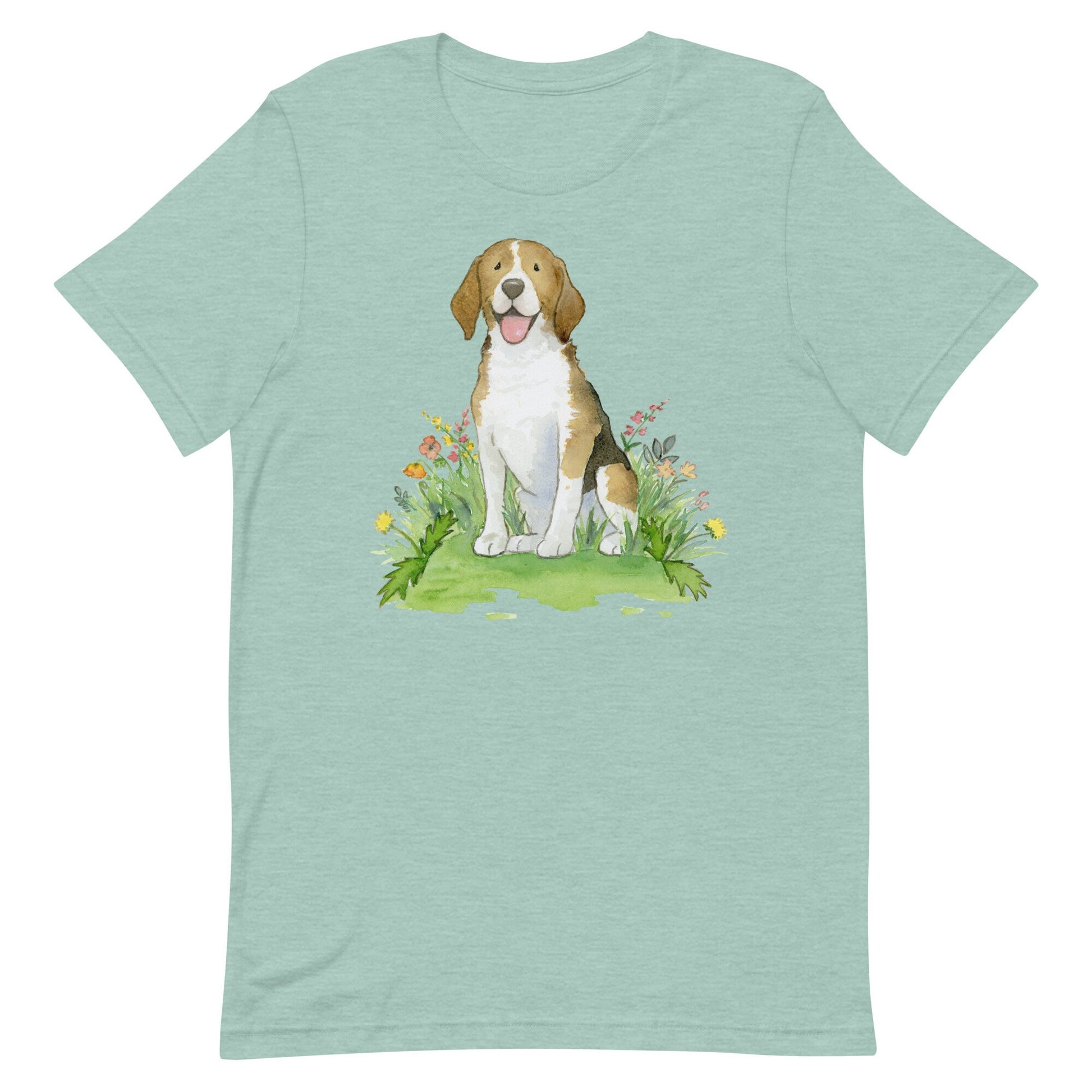 Light blue green t-shirt with cute beagle artwork on it.