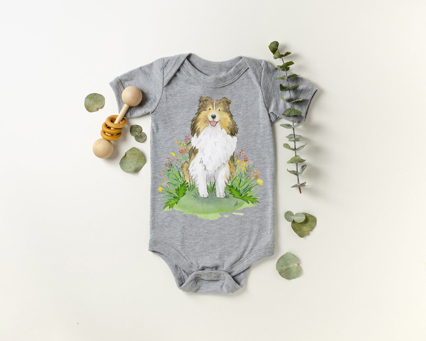 Baby bodysuit with cute sable sheltie puppy on it and &quot;my big brother is a shetland sheepdog).