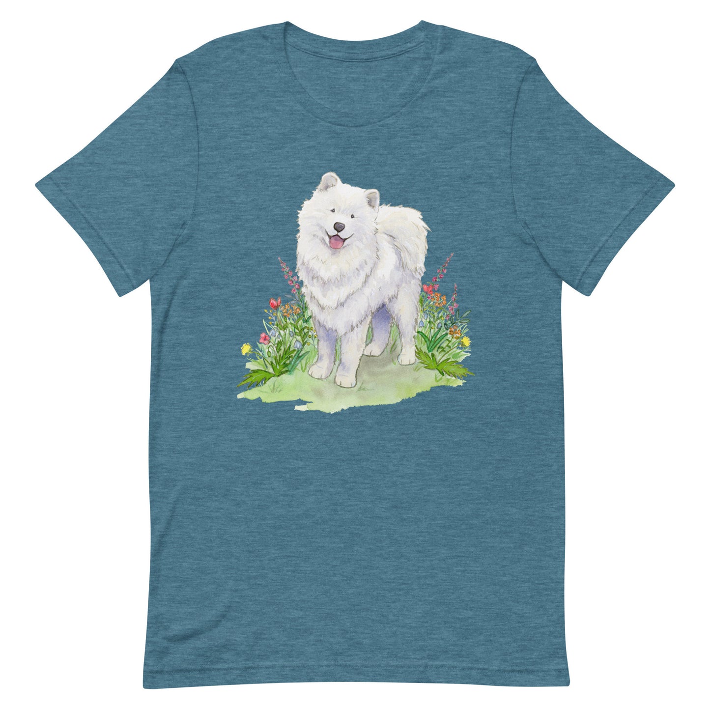 Teal t-shirt with cute, fluffy, white samoyed dog and colorful flowers on it.