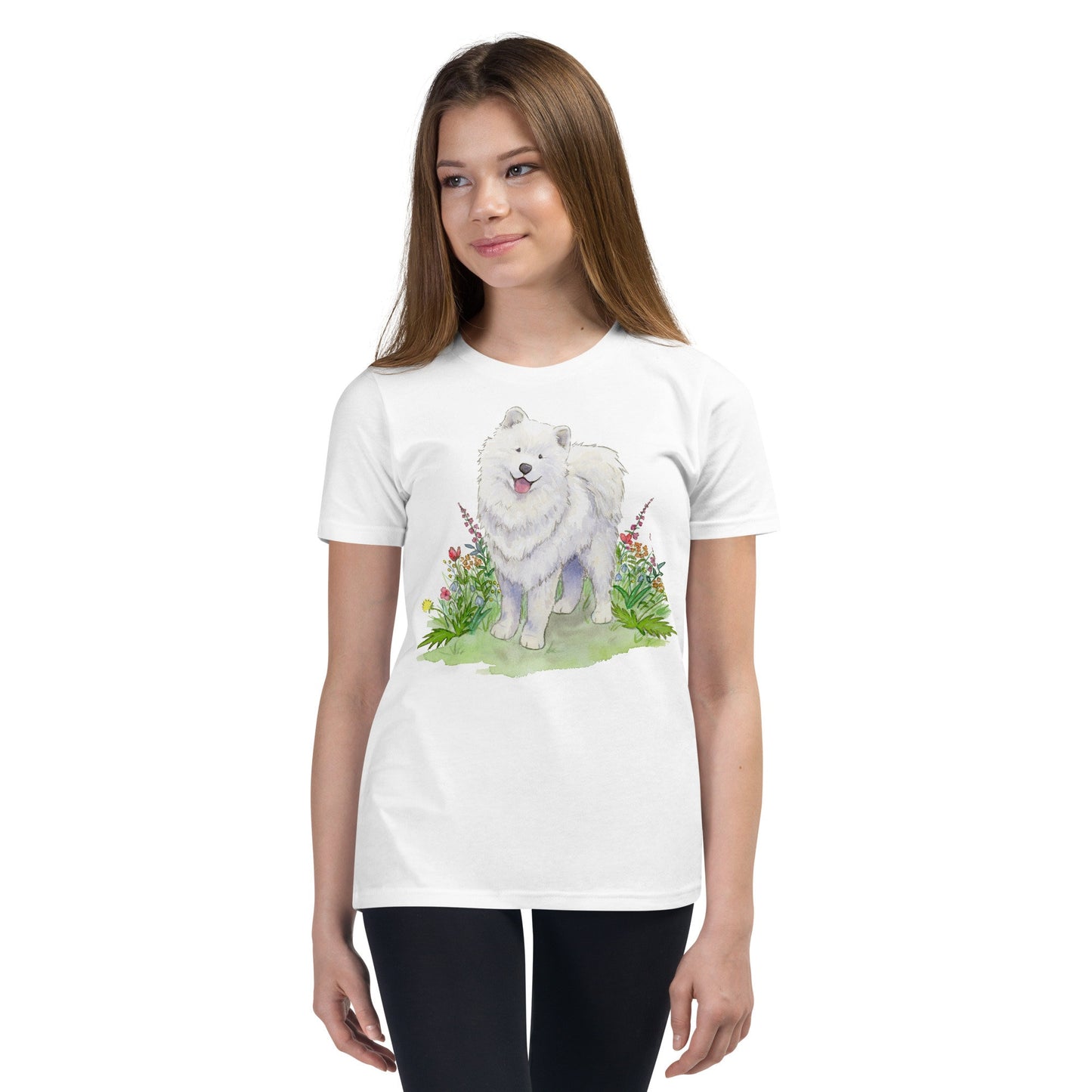 White t-shirt with cute, fluffy, white samoyed dog and colorful flowers on it worn by child model.