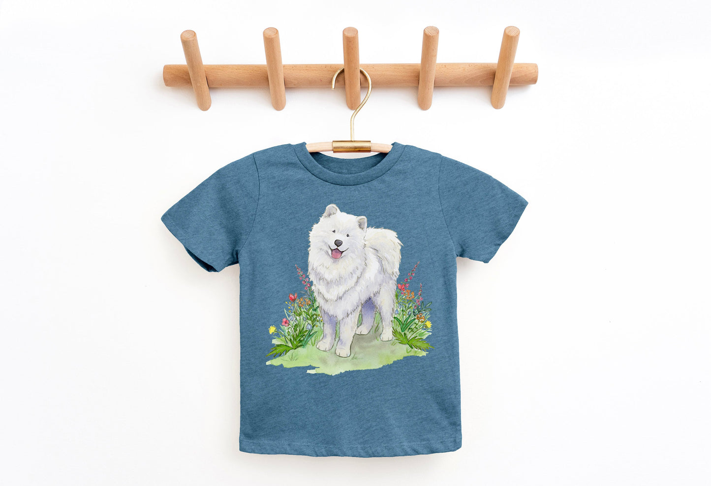 Teal toddler tee shirt with white samoyed dog and flowers on it.