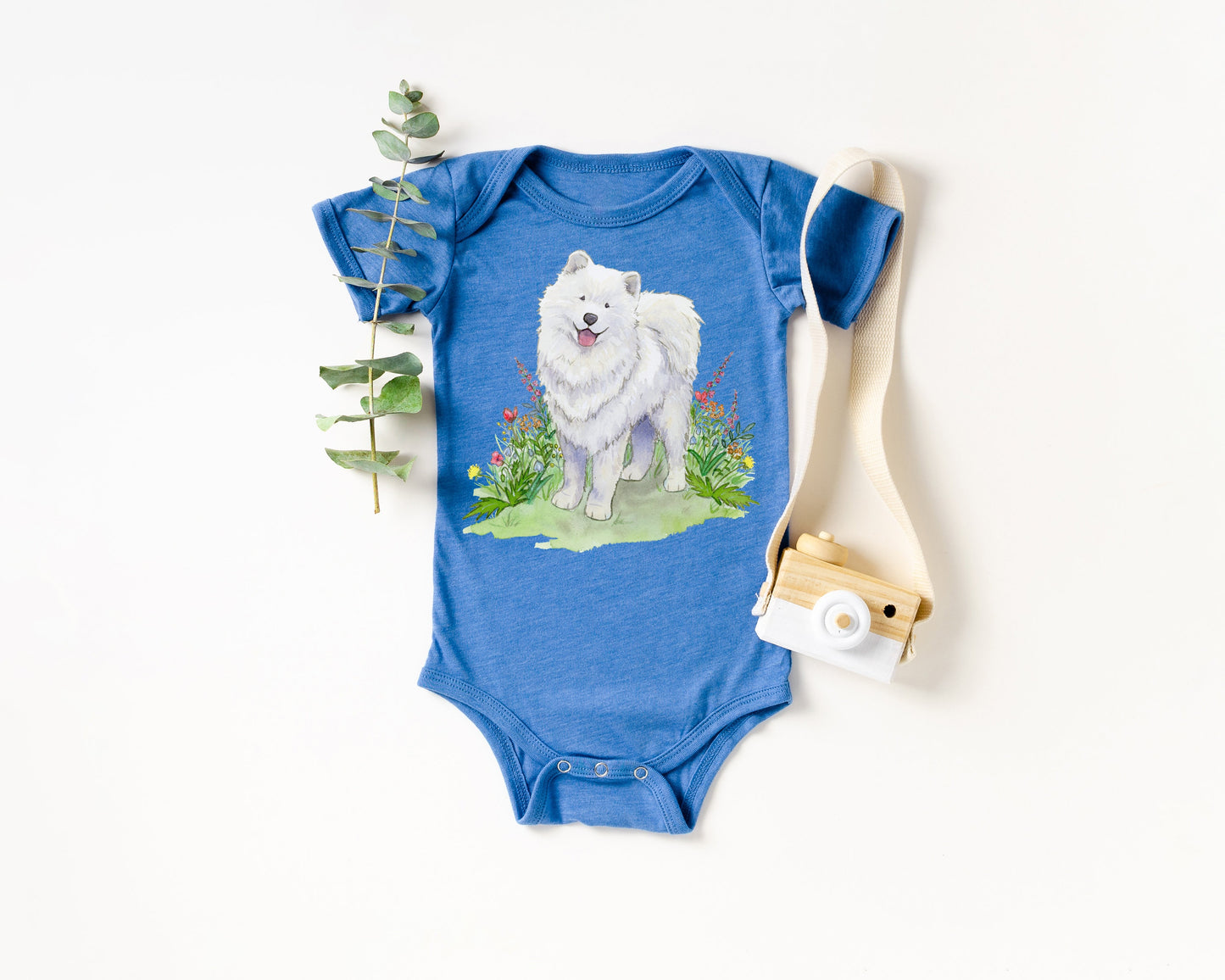 One-piece infant bodysuit with cute samoyed dog and flowers artwork.