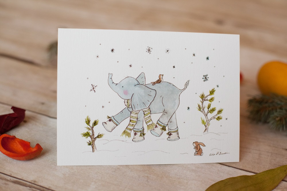 Elephant Christmas Card Set, Elephant Holiday Card, Cute Elephant Card, Elephant Lover Card, Watercolor Elephant Card, Cute Christmas Card