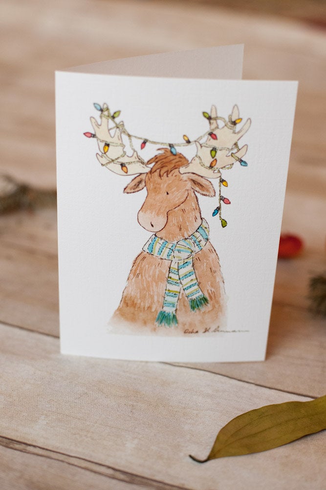 Merry Moose Christmas Cards, 5 x 7 Blank Cards - Jasper and Ruby Art