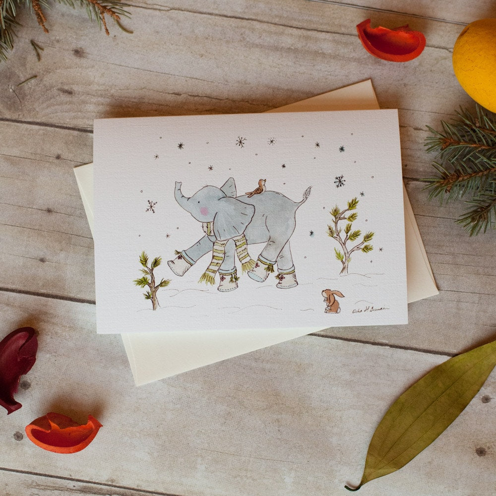 Elephant Christmas Card Set, Elephant Holiday Card, Cute Elephant Card, Elephant Lover Card, Watercolor Elephant Card, Cute Christmas Card