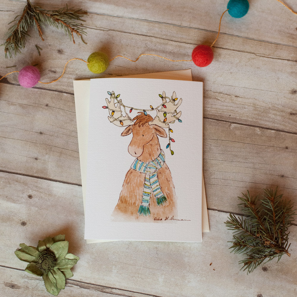 Merry Moose Christmas Cards, 5 x 7 Blank Cards - Jasper and Ruby Art