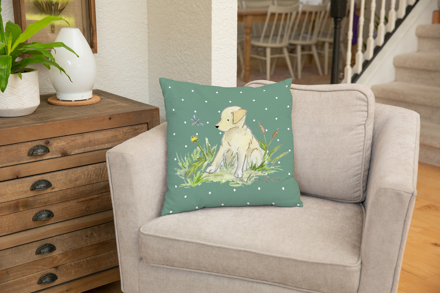 Yellow Lab Puppy Square Throw Pillow Cover - Jasper and Ruby Art